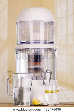 Filter system of water purifier on a kitchen background.