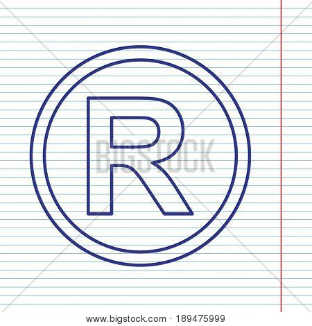 Registered Trademark sign. Vector. Navy line icon on notebook paper as background with red line for field.