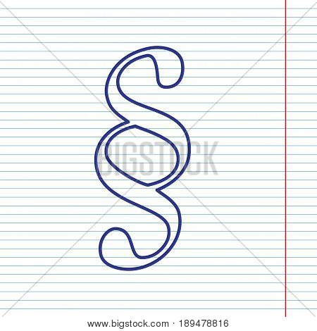 Paragraph sign illustration. Vector. Navy line icon on notebook paper as background with red line for field.