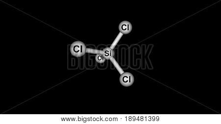 Silicon tetrachloride or tetrachlorosilane is the inorganic compound with the formula SiCl4. It is a colourless volatile liquid that fumes in air. 3d illustration