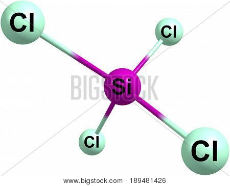 Silicon tetrachloride or tetrachlorosilane is the inorganic compound with the formula SiCl4. It is a colourless volatile liquid that fumes in air. 3d illustration