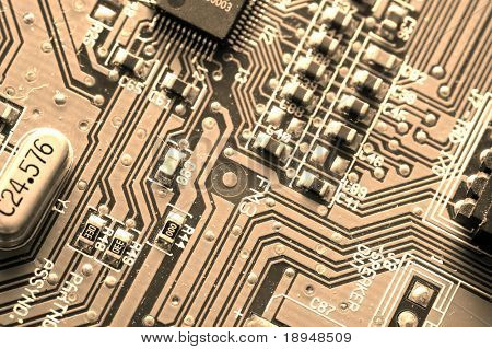 Close up del circuito stampato. Sfondo di tecnologia