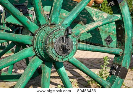Hub and fragment of a wooden wheel from the lafette of the old cannon