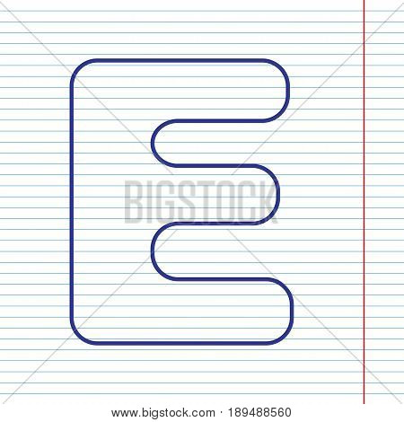 Letter E sign design template element. Vector. Navy line icon on notebook paper as background with red line for field.