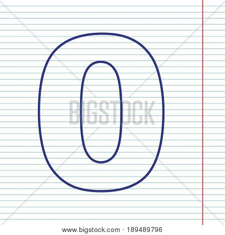 Number 0 sign design template element. Vector. Navy line icon on notebook paper as background with red line for field.
