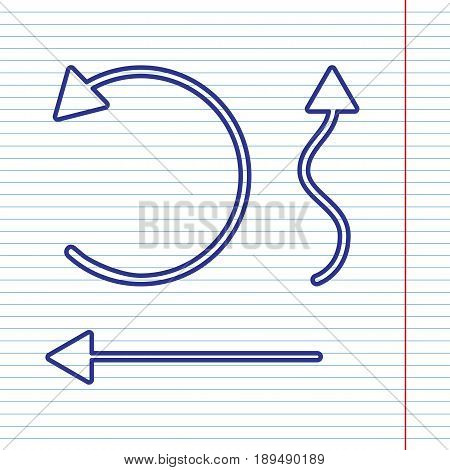 Simple set to Interface Arrows. Vector. Navy line icon on notebook paper as background with red line for field.