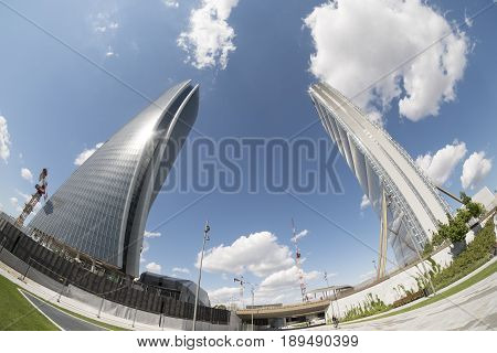 MILAN, ITALY - APRIL 17, 2017: Milan (Lombardy Italy): the skyscrapers known as Generali and Allianz Tower in the new Citylife area (Tre Torri). FIsheye lens.