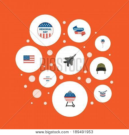 Flat Barbecue, Aircraft, Decoration And Other Vector Elements. Set Of Memorial Flat Symbols Also Includes Barbecue, Plane, Headgear Objects.