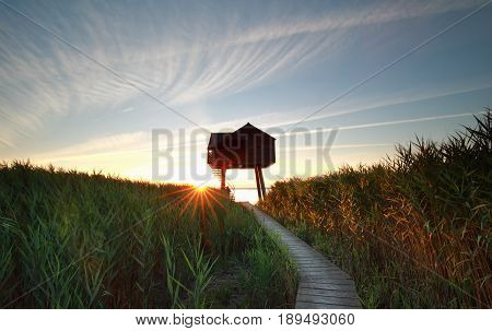 sunset behind wooden observation tower Groningen Netherlands