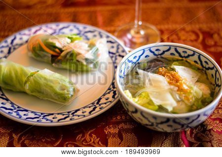 Southeast Asian Style Summer Roll and glas noodle soup served