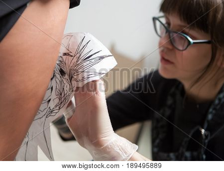 A professional tattooist is presented with sketch on the body of the girl in the Studio. Girl master and model