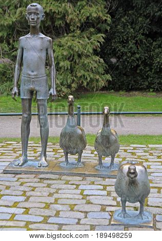 Sculpture Composition Of Nils With Gooses In Park