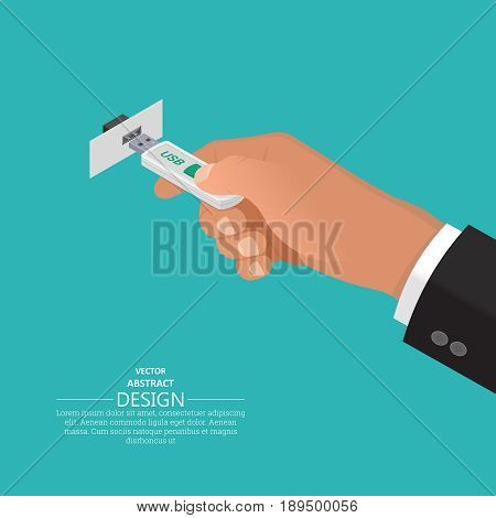 The hand holds USB flash memory. Contact USB and connector.3D style. A vector illustration in an isometric projection. Flat design. Modern computer technologies.