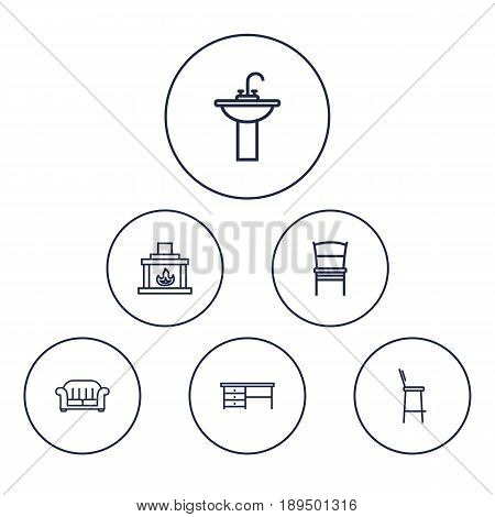 Set Of 6 Situation Outline Icons Set.Collection Of Armchair, Bar Stool, Washbasin And Other Elements.