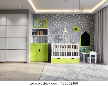 Bright and cozy children's room in modern urban contemporary style interior design with Gray Walls White furniture with light green accents Baby bed Teen bed large wardrobe and work desk. 3d rendering