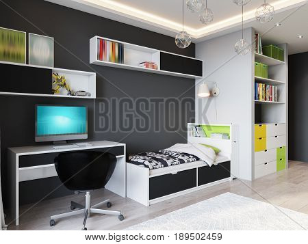 Bright and cozy children's room in modern urban contemporary style interior design with Gray Walls White furniture with light green accents Baby bed Teen bed large wardrobe and work desk. 3d rendering