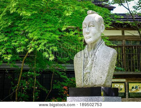 Akita Japan - Mar 17 2017. A samurai statue at Kakunodate Samurai District. Kakunodate is a former castle town and samurai stronghold in Akita Prefecture.