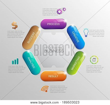 Digital Business Information Infographic Technology Process Flowchart Graphical component illustration of a diagram with 6 steps, part or process options. Creativity Marketing Success Analysis.