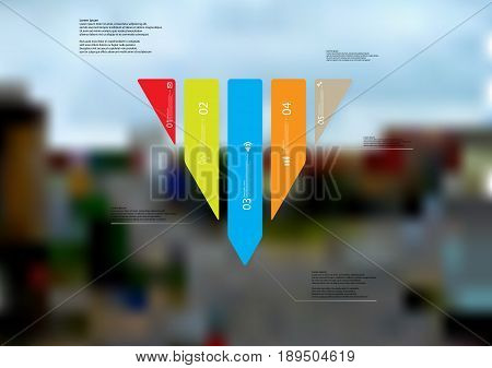 Illustration infographic template with motif of triangle vertically divided to five standalone color sections with simple sign number and sample text. Blurred photo is used as background.
