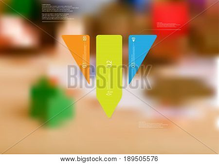 Illustration infographic template with motif of triangle vertically divided to three standalone color sections with simple sign number and sample text. Blurred photo is used as background.
