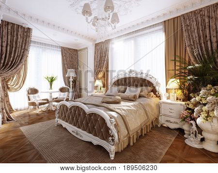 Luxury Classic Modern Bedroom Interior Design with Beige Walls Silver Fixtures Accessories White Silver Furniture Baroque Stucco Fretwork Decorations on Ceiling and Walls. 3d rendering