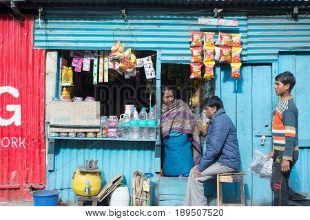 DARJEELING INDIA - NOVEMBER 28 2016: Local shop or stall selling snack and drink in Darjeeling India