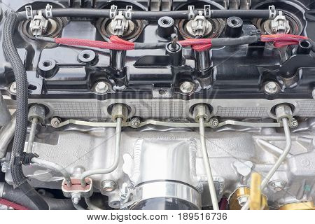 4 cylinder Diesel racing car engine in garage