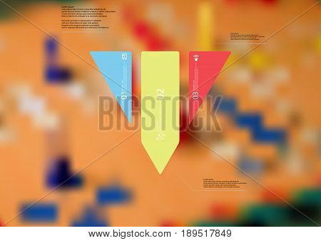 Illustration infographic template with motif of triangle vertically divided to three standalone color sections with simple sign number and sample text. Blurred photo is used as background.