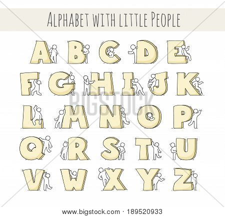 Cartoon icons set of sketch little people with letters. Doodle cute workers with alfabet. Hand drawn vector illustration for education design.