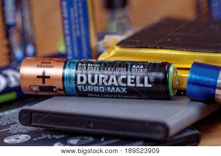 SARANSK, RUSSIA - MAY 28, 2017: AAA Duracell Turbo Max battery.