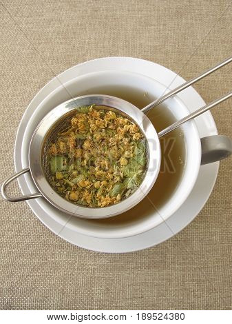 Loose tilia flowers tea in tea strainer