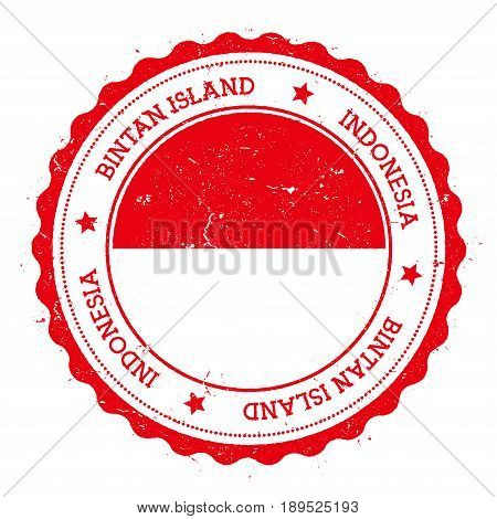 Bintan Island Flag Badge. Vintage Travel Stamp With Circular Text, Stars And Island Flag Inside It.