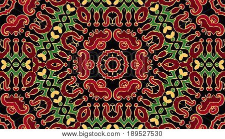 Tracery seamless abstract decorative floral pattern of the elements of geometric figures on a black background Ethnic colorful doodle texture.