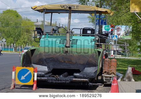 SARANSK, RUSSIA - MAY 20, 2017: Vogele asphalt paver on city street.