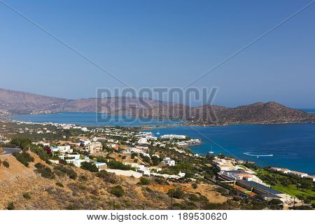 Panoramic view at Mirabello bay and town of Elounda, Crete. Greece