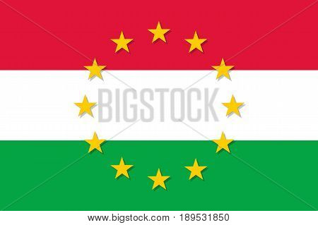 Hungary national flag with a circle of European Union twelve gold stars, solidarity and harmony with EU, member since 1 May 2004. Vector flat style illustration