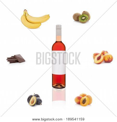 Rose wine with empty label with different fruits and chocolate isolated on white background. Aroma of wine. Wine bouguet.