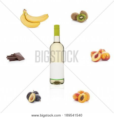 White wine with empty label with different fruits and chocolate isolated on white background. Aroma of wine. Wine bouguet.