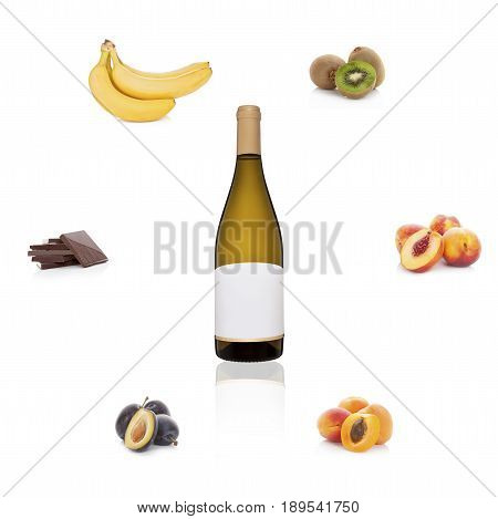 White wine with empty label with different fruits and chocolate isolated on white background. Aroma of wine. Wine bouguet.