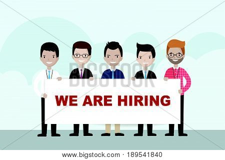 Cartoon businessmen holding WE ARE HIRING sign