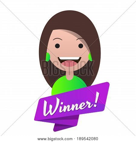 Message Winner! Head avatar of the girl in green clothes. Editable eps10 Vector. Transparent background.