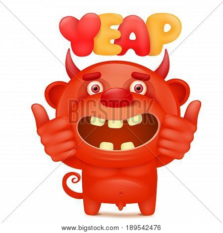Funny cartoon red little devil emoji character with yeap title. Vector illustration