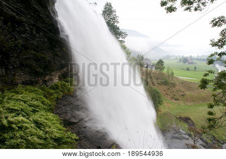 Steindalsfossen Waterfall In A Rainy Day