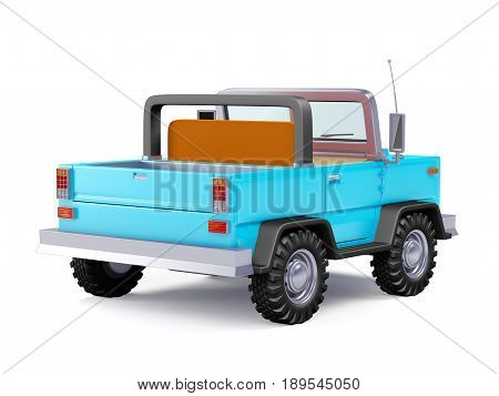 Blue safari suv back view in retro cartoon style isolated on white. 3d illustration.