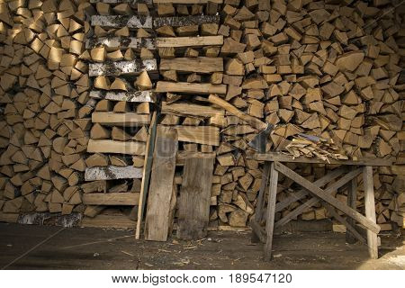 stock of firewood for the house and axe