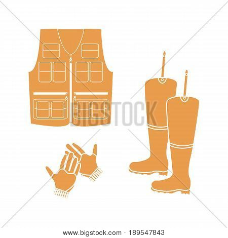 Stylized icon set of a colored vest boots and gloves on a white background