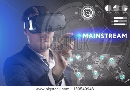 Business, Technology, Internet And Network Concept. Young Businessman Working In Virtual Reality Gla