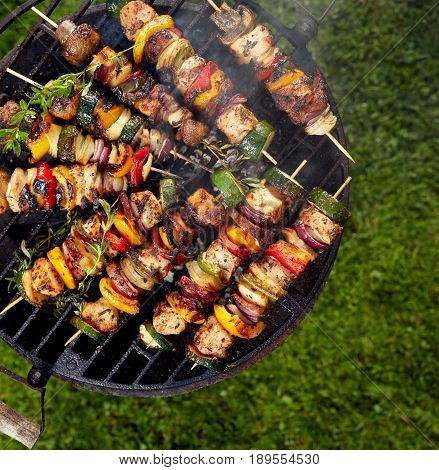 Grilled skewers on a grilled plate, outdoor