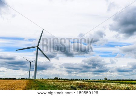 Day view wind power turbines generate electricity.