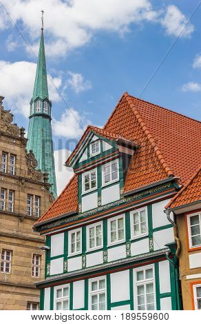 Colorful Facade And Church Tower In Hameln